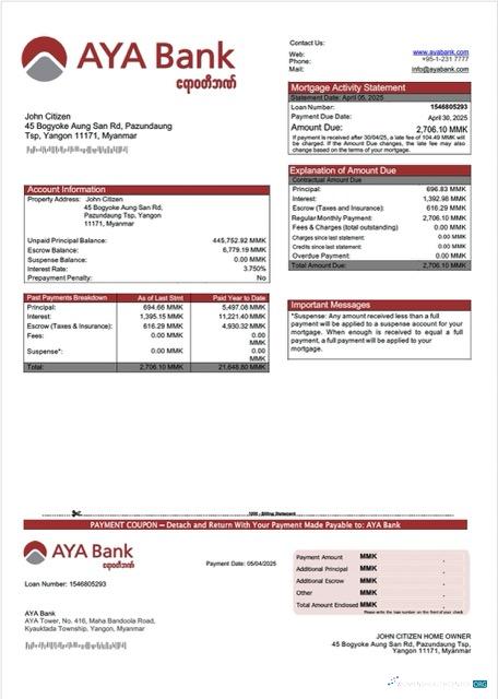 Download Myanmar AYA Bank mortgage statement Word and PDF template Photoshop template